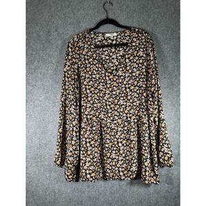 Moa Mao Blouse Women 3x Long Sleeve Black Floral V Neck Mature Boho Smocked Slee